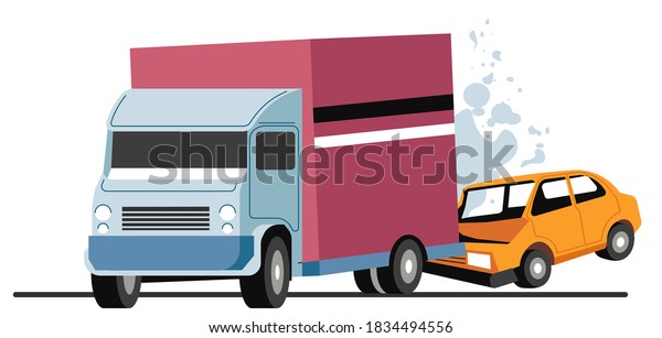 Road accident involving car and transportation\
lorry, traffic collision. Emergency and incident with vehicles.\
Smashed bumper of damaged car. Burning automobile with smoke,\
vector in flat style