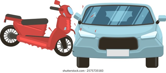 Road accident involving a red scooter crashing into the side of a light blue car, causing damage to both vehicles, depicted in a front view