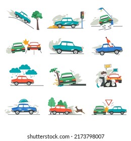 Road accident, isolated car crash, vehicle hit tree. Driving under alcohol impact, deer running from forest, raining clouds. Collision with other driver on street.Damage and breaking parts, vector 