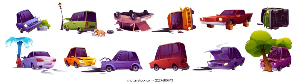 Road accident isolated set, broken cars lying on roof and door, bump into tree and water hydrant, automobiles in insurance situation, accidental damage, crashed vehicles, Cartoon vector illustration