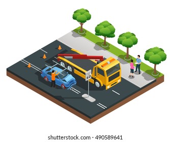 Road accident isometric composition with damaged car evacuator drivers and policeman vector illustration