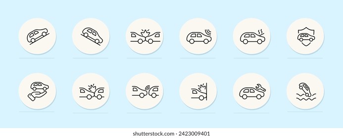 Road accident line icon. Traffic collision, car crash, road accident, emergency response, first responders. Pastel color background. Vector line icon for business and advertising