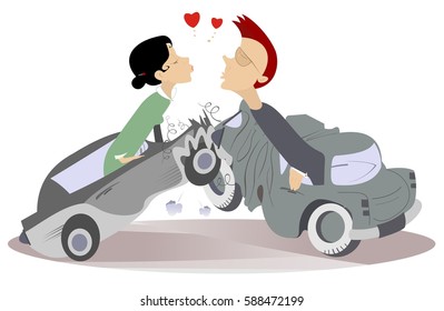 Road accident and love couples. Man and woman fall into the road accident and find love
