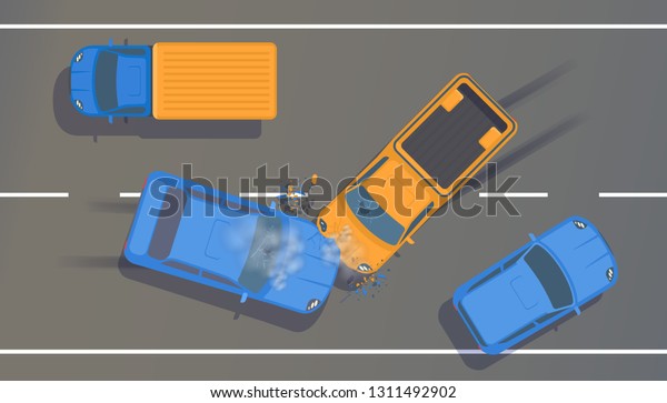 Road accident on highway between two cars\
with crumpled wings and bumpers, broken windows and braking. Vector\
top view flat\
illustration.