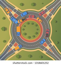 Road accident on roundabout crossroad between two cars with crumpled wings and bumpers, broken windows and braking. And smoking cars. Vector top view flat illustration.