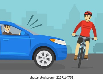 Road accident. Scared cyclist turned his head and looking at blue suv. Front view of cycling bike rider and aggressive angry yelling car driver. Flat vector illustration template.