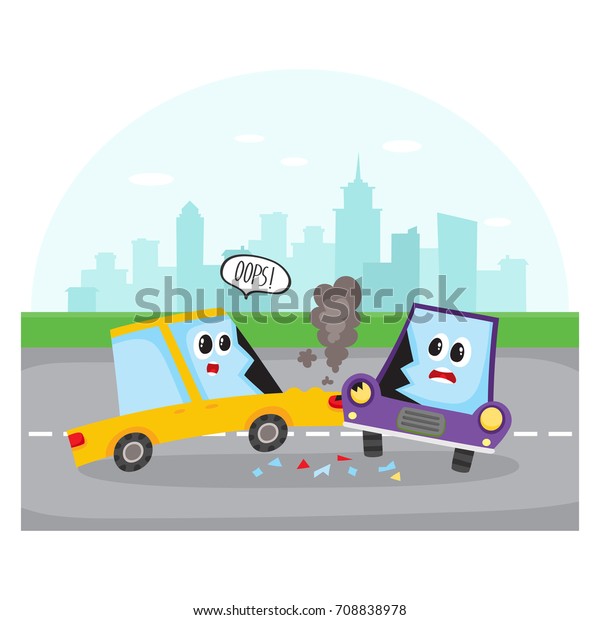 Road\
accident, side collision on city street with car characters,\
cartoon vector illustration. Two cartoon car characters with human\
faces have road accident, collision on city\
street