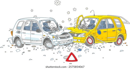 Road accident with two cars colliding, vector cartoon illustration isolated on a white background
