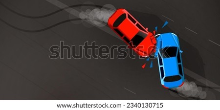 Road accident. Two cars crashed. Road safety concept. Vector illustration