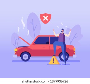 Road Accident Vector illustration. Man in Anger Standing beside Broken Car without Car Insurance. Concept of Car Insurance Services, Protection Property, Road Accident for Web Design, UI, Banners