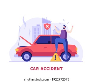 Road Accident Vector illustration. Man in Anger Standing beside Broken Car without Car Insurance. Concept of Car Insurance Services, Protection Property, Road Accident for Web Design, UI, Banners