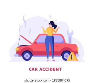 Road accident vector illustration. Woman in panic standing beside broken car without car insurance. Concept of car insurance services, protection property, road accident for web design, ui, banners