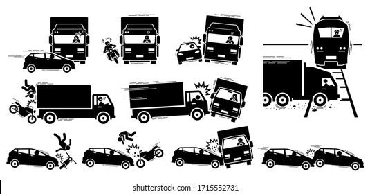 Road accident and vehicle crash collision icons. Vector cliparts of road accident between car, motorcycle, lorry, and train.