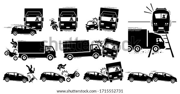 Road\
accident and vehicle crash collision icons. Vector cliparts of road\
accident between car, motorcycle, lorry, and\
train.