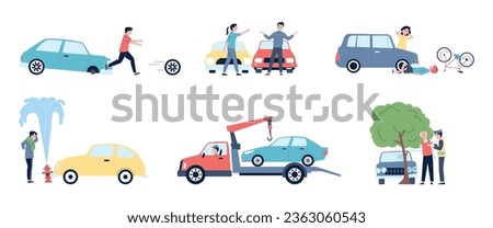 Road accidents, car accident and danger on roads. Damage transport, traffic help. Vehicle wreck, flat insurance ocasion recent vector scenes