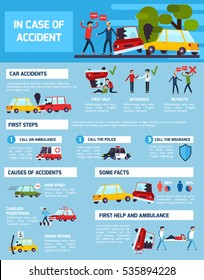 Road accidents infographic set with first aid and causes symbols flat vector illustration 