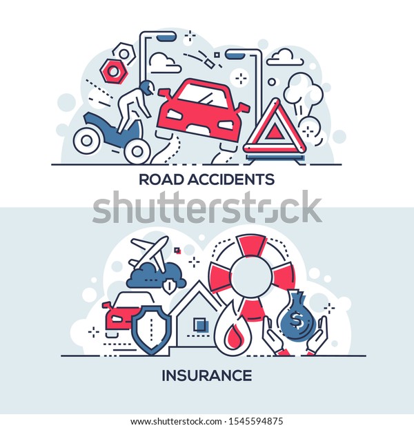 Road accidents and insurance service banner\
template. Transport wreck and safety assurance symbols thin line\
illustrations with typography. Car crash, emergency situation,\
financial protection