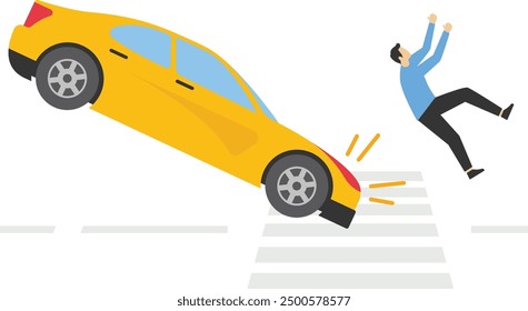 Seguridad vial y seguros. Hombre de negocios atropellado por un coche. Ilustración vectorial moderna en estilo plano

