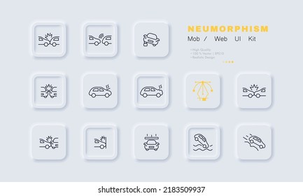 Icono de conjunto de accidentes de tránsito. Colisión de coches, choque, explosión, sobrecalentamiento, distancia, caída de objetos pesados, caída de acantilados, agua, pendiente. Concepto de tráfico por carretera. Estilo neomorfista. Icono de línea de vector para empresas.