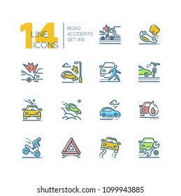 Road accidents - set of line design style icons isolated on white background. High quality minimalistic colorful pictograms. Car crash, bad weather conditions, motorbike, breakdown, gravel