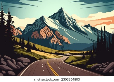 Straße vor dem Hintergrund der Berge. Serpentinenstraße in den Bergen. Vektorgrafik