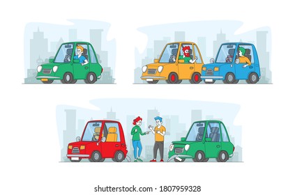 Road Aggression, Characters Conflict at Car Accident, Drivers Arguing Standing on Roadside at Automobiles. Insurance Situation, City Dwellers in Traffic Breakdown. Linear People Vector Illustration