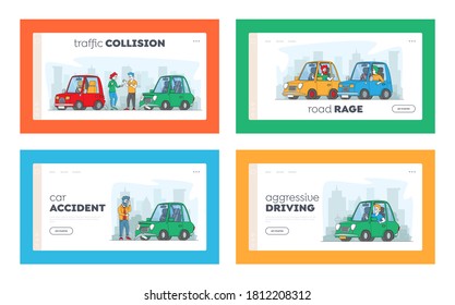 Road Aggression Landing Page Template Set. Characters Conflict at Car Accident, Drivers Arguing on Roadside at Automobiles. Insurance Situation, Traffic Breakdown. Linear People Vector Illustration