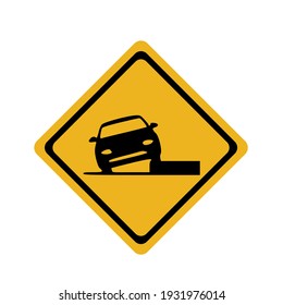 The road ahead has a different level of shoulder.Traffic signs, black signs on a yellow background.Drive slowly and be more careful.Vector illustration isolated on white background.