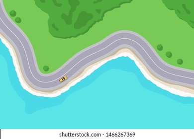 Road Along The Beach, Top View. Travel By Car Along The Sea Coast. Highway In A Coastline Landscape. Vector Illustration