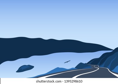 The road along the river. Asphalt road on the edge of the cliff. Mountain landscape with a trail going into the distance. Adventure and trip background with blue sky.