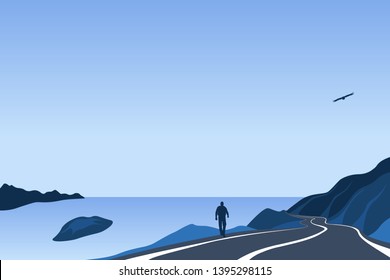 The road along the river flowing into the sea. Asphalt road on the edge of the cliff. Mountain landscape with a trail going into the distance. Going traveler and a flying eagle. Adventure background.