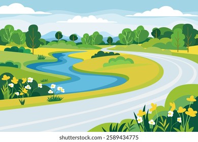 Road along the river, rural landscape. Asphalt road through the countryside with a river, forest, flowers and mountains. Road trip out of town. Vector illustration for design.