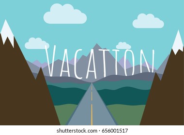 Road among the mountains. Vacation trip. Flat style vector illustration