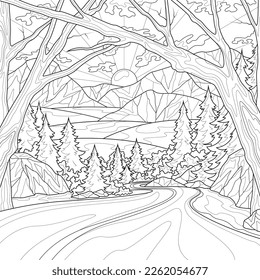 Road among the mountains.Coloring book antistress for children and adults. Illustration isolated on white background.Zen-tangle style.