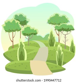 Road. Amusing beautiful forest landscape. Trail. Cartoon style. Leaves. The path through the hills with grass. Cool romantic beauty. Flat design illustration. Vector art