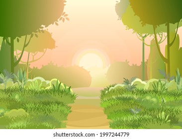 Road. Amusing beautiful forest landscape. Sun. Cartoon style. The path through the hills with grass. Trail. Cool romantic pretty. Flat design illustration. Vector art