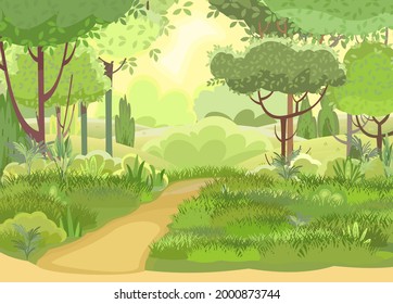 Road. Amusing beautiful forest landscape. Cartoon style. Wild. The path through the hills with grass. Trail. Cool romantic pretty. Flat design illustration. Vector art