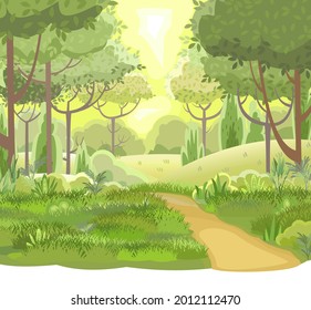 Carretera. Atractivo paisaje forestal. Estilo de caricatura. Foliage. El camino a través de las colinas con hierba. Camino. Genial y romántico bonito. Ilustración de diseño plano. Arte vectorial