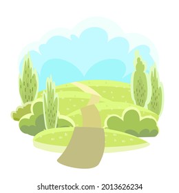 Straße. Beeindruckende schöne Waldlandschaft. Weg. Cartoon-Stil. Blätter. Der Weg durch die Hügel mit Gras. Coole romantische Schönheit. Flaches Design, Illustration. Vektorkunst