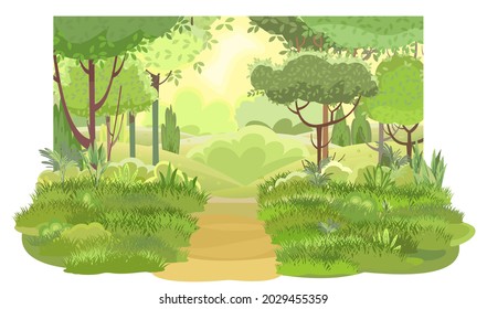 Road. Amusing beautiful forest landscape. Cartoon style. Bushes. The path through the hills with grass. Trail. Cool romantic pretty. Flat design illustration. Vector art.