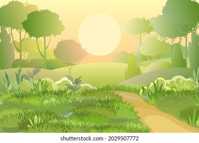Road. Amusing beautiful forest landscape. Sunrise. Cartoon style. The path through the hills with grass. Trail. Cool romantic pretty. Flat design illustration. Vector art.