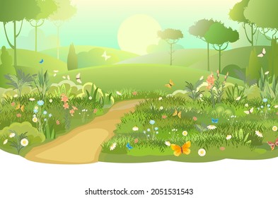 Road. Amusing beautiful forest landscape. Trail. Cartoon style. Leaves. The path through the hills with grass. Cool romantic beauty. Flat design illustration. Vector art.