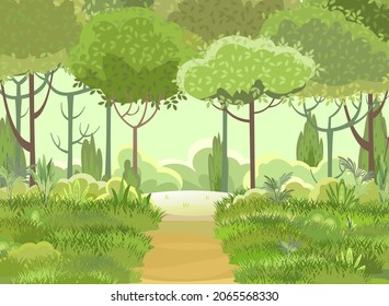 Straße. Beeindruckende schöne Waldlandschaft. Fernhorizont. Cartoon-Stil. Der Weg durch die Hügel mit Gras. Weg. Cool romantic hübsch. Flaches Design, Illustration. Vektorkunst.