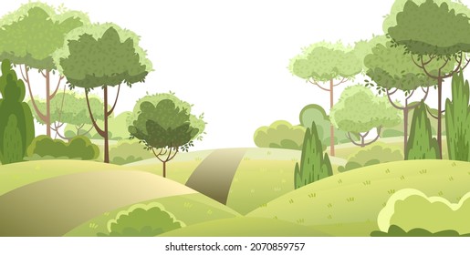 Carretera. Atractivo paisaje forestal. Camino. Estilo de caricatura. Hojas. El camino a través de las colinas con hierba. Genial belleza romántica. Ilustración de diseño plano. Arte vectorial