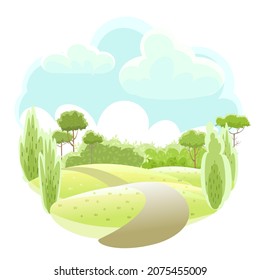 Road. Amusing beautiful forest landscape. Trail. Cartoon style. Leaves. The path through the hills with grass. Cool romantic beauty. Flat design illustration. Vector art.