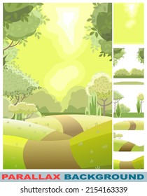 Road. Amusing Beautiful Forest Landscape. Set Parallax Effect. Trail. Cartoon Style. Leaves. Path Through Hills With Grass. Cool Romantic Beauty. Flat Design Illustration. Vector.