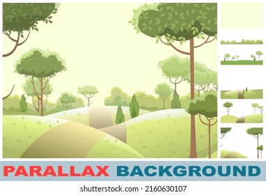 Road. Amusing beautiful forest landscape. Set parallax effect. Trail Cartoon style. path through hills with grass. Cool romantic beauty. Flat design illustration. Vector.