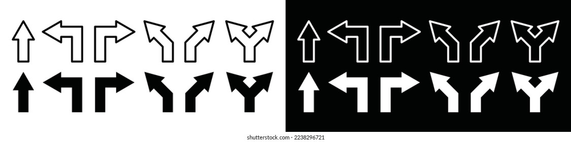 Road arrow direction sign. Turn left ad right, straight arrow way and Crossroads icon vector for apps and websites, symbol illustration