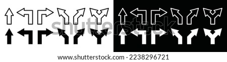 Road arrow direction sign. Turn left ad right, straight arrow way and Crossroads icon vector for apps and websites, symbol illustration