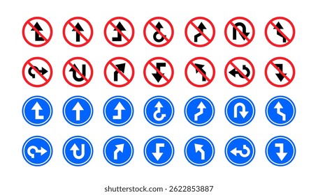 Road arrow sign. Navigation arrows symbol. Direction pointers, way sign. Driving marks, transport indicators icons. Turns, curves, straight paths, U-turns lane, signpost vector set.